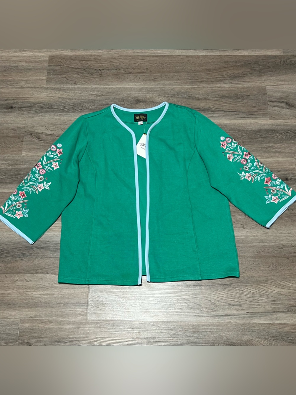 Bob Mackie Wearable Art XL Open Front Cardigan Green Pink Floral Pockets NWT